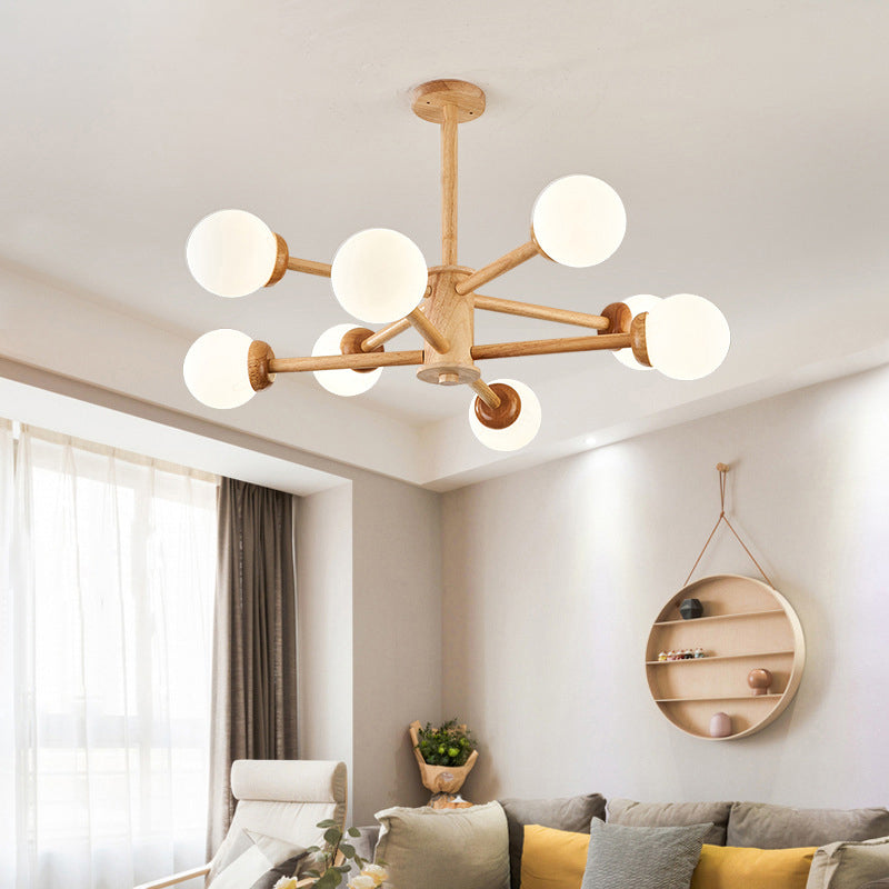 Modo Shaped Suspension Light Minimalist Cream Glass Bedroom Chandelier Light in Wood 8 Wood Clearhalo 'Carpenter Chandeliers' 'Ceiling Lights' 'Chandeliers' 'Industrial' 'Modern Chandeliers' 'Modern' Lighting' 2228897