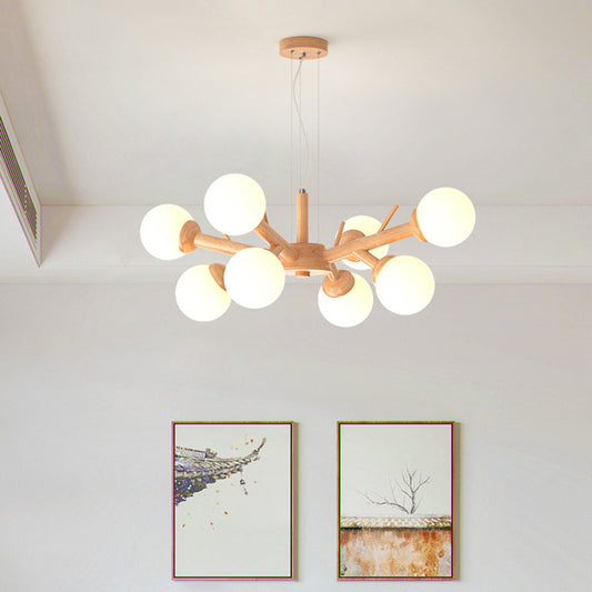 Wood Branch Ceiling Lighting Simplicity Chandelier Light Fixture with Globe Frosted Glass Shade Clearhalo 'Carpenter Chandeliers' 'Ceiling Lights' 'Chandeliers' 'Industrial' 'Modern Chandeliers' 'Modern' Lighting' 2228904
