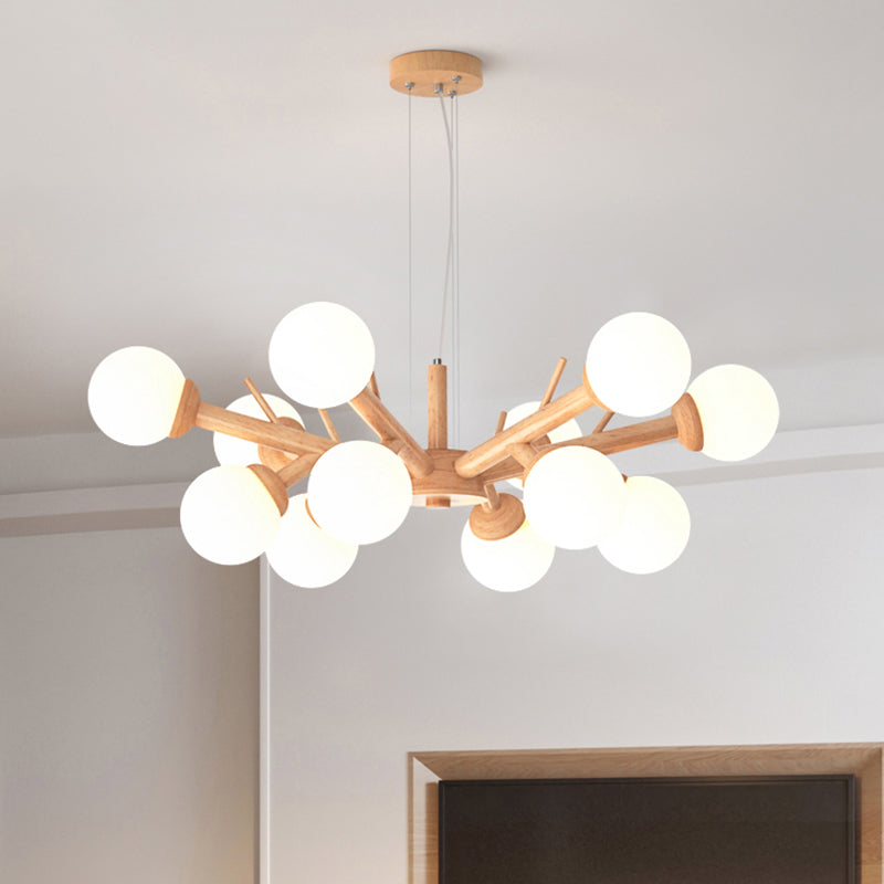 Wood Branch Ceiling Lighting Simplicity Chandelier Light Fixture with Globe Frosted Glass Shade 12 Wood Clearhalo 'Carpenter Chandeliers' 'Ceiling Lights' 'Chandeliers' 'Industrial' 'Modern Chandeliers' 'Modern' Lighting' 2228905