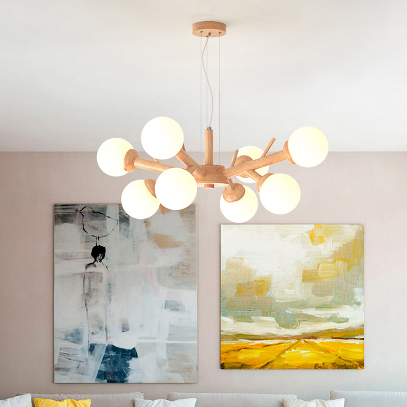 Wood Branch Ceiling Lighting Simplicity Chandelier Light Fixture with Globe Frosted Glass Shade 8 Wood Clearhalo 'Carpenter Chandeliers' 'Ceiling Lights' 'Chandeliers' 'Industrial' 'Modern Chandeliers' 'Modern' Lighting' 2228906