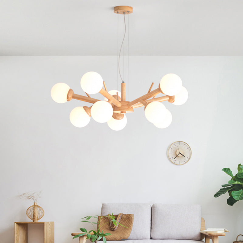 Wood Branch Ceiling Lighting Simplicity Chandelier Light Fixture with Globe Frosted Glass Shade 10 Wood Clearhalo 'Carpenter Chandeliers' 'Ceiling Lights' 'Chandeliers' 'Industrial' 'Modern Chandeliers' 'Modern' Lighting' 2228907