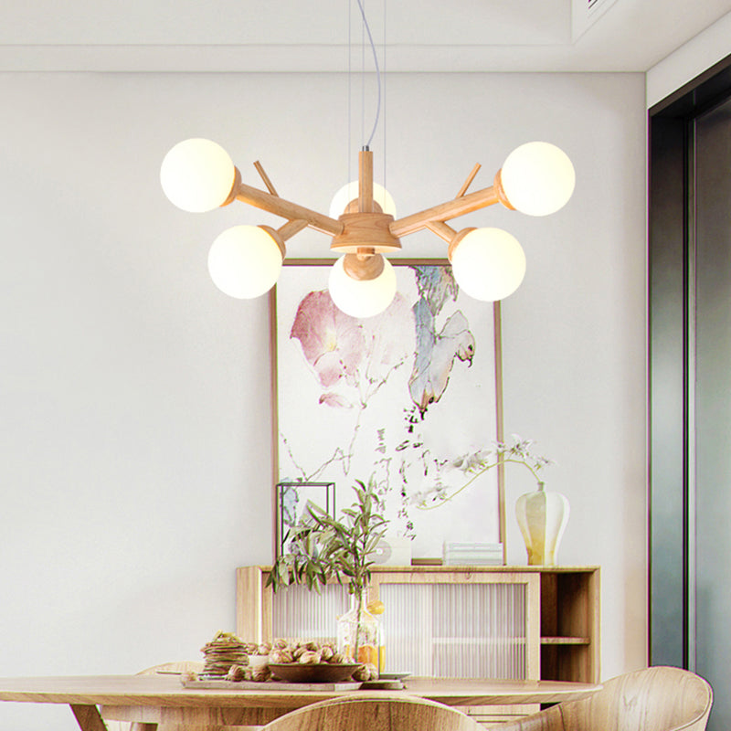 Wood Branch Ceiling Lighting Simplicity Chandelier Light Fixture with Globe Frosted Glass Shade Clearhalo 'Carpenter Chandeliers' 'Ceiling Lights' 'Chandeliers' 'Industrial' 'Modern Chandeliers' 'Modern' Lighting' 2228910