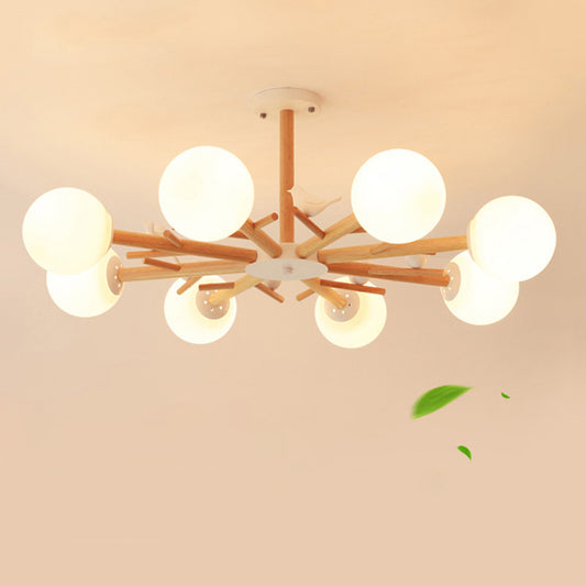 Tree Branch Living Room Chandelier Pendant Light Wood Simplicity Hanging Light with Sphere Cream Glass Shade Clearhalo 'Carpenter Chandeliers' 'Ceiling Lights' 'Chandeliers' 'Industrial' 'Modern Chandeliers' 'Modern' Lighting' 2228912