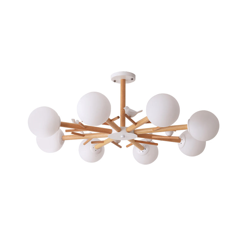 Tree Branch Living Room Chandelier Pendant Light Wood Simplicity Hanging Light with Sphere Cream Glass Shade Clearhalo 'Carpenter Chandeliers' 'Ceiling Lights' 'Chandeliers' 'Industrial' 'Modern Chandeliers' 'Modern' Lighting' 2228916