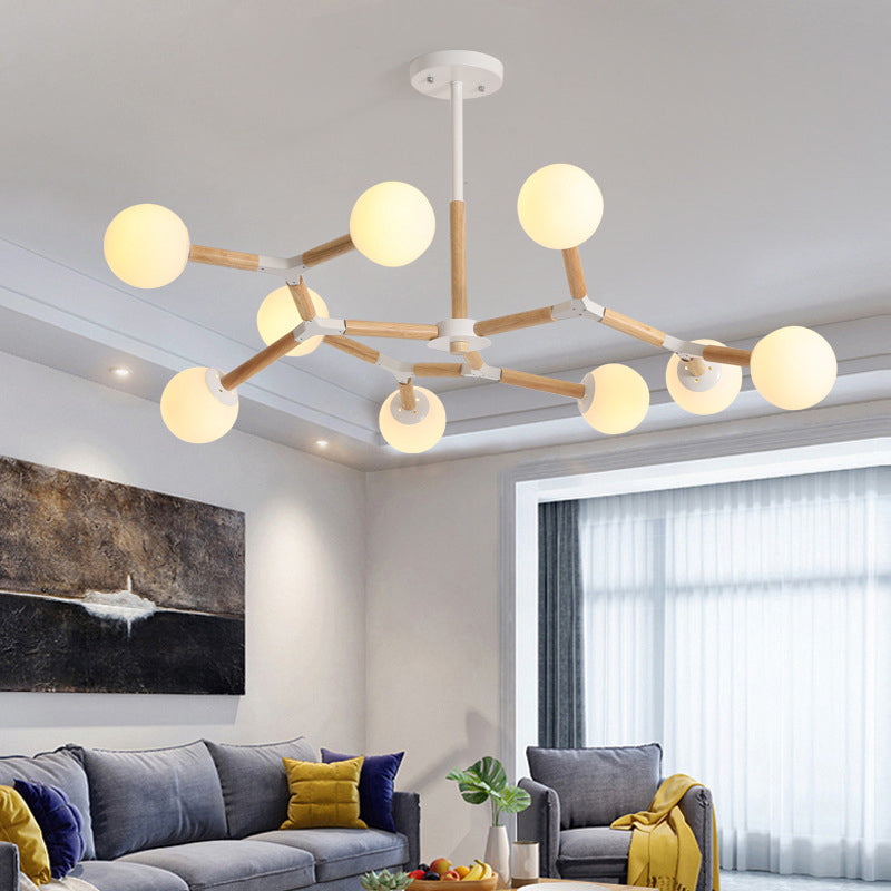 Nordic Ball Suspension Light Handblown Glass Dining Room Chandelier Light in Wood Clearhalo 'Carpenter Chandeliers' 'Ceiling Lights' 'Chandeliers' 'Industrial' 'Modern Chandeliers' 'Modern' Lighting' 2228918