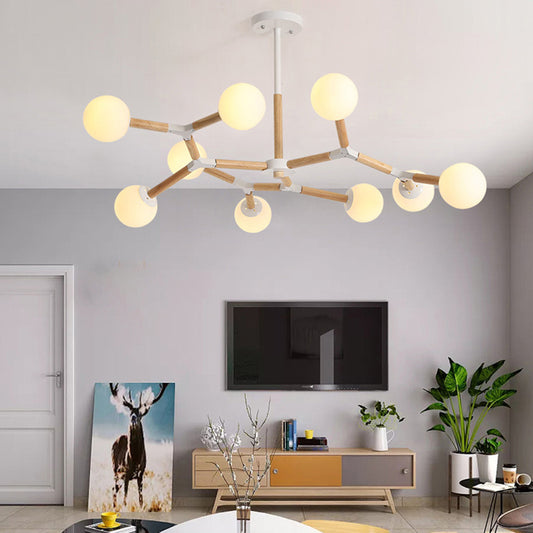 Nordic Ball Suspension Light Handblown Glass Dining Room Chandelier Light in Wood Clearhalo 'Carpenter Chandeliers' 'Ceiling Lights' 'Chandeliers' 'Industrial' 'Modern Chandeliers' 'Modern' Lighting' 2228919