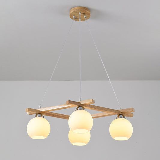 Sphere Living Room Chandelier Pendant Light Cream Glass 4 Bulbs Japanese Hanging Light in Wood Clearhalo 'Carpenter Chandeliers' 'Ceiling Lights' 'Chandeliers' 'Industrial' 'Modern Chandeliers' 'Modern' Lighting' 2228942