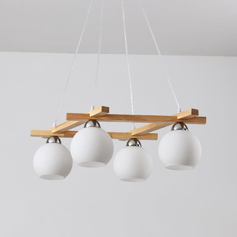 Sphere Living Room Chandelier Pendant Light Cream Glass 4 Bulbs Japanese Hanging Light in Wood Clearhalo 'Carpenter Chandeliers' 'Ceiling Lights' 'Chandeliers' 'Industrial' 'Modern Chandeliers' 'Modern' Lighting' 2228943