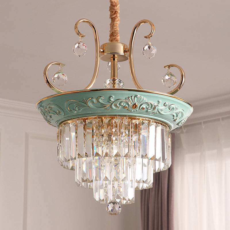 3 Bulbs Tiered Ceiling Chandelier Modernism Crystal Hanging Pendant Light in White/Green Green A Clearhalo 'Ceiling Lights' 'Chandeliers' 'Glass shade' 'Glass' 'Pendant Lights' Lighting' 222900