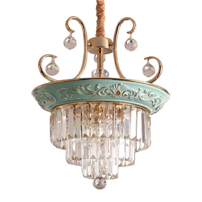 3 Bulbs Tiered Ceiling Chandelier Modernism Crystal Hanging Pendant Light in White/Green Clearhalo 'Ceiling Lights' 'Chandeliers' 'Glass shade' 'Glass' 'Pendant Lights' Lighting' 222902