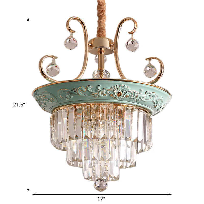 3 Bulbs Tiered Ceiling Chandelier Modernism Crystal Hanging Pendant Light in White/Green Clearhalo 'Ceiling Lights' 'Chandeliers' 'Glass shade' 'Glass' 'Pendant Lights' Lighting' 222903