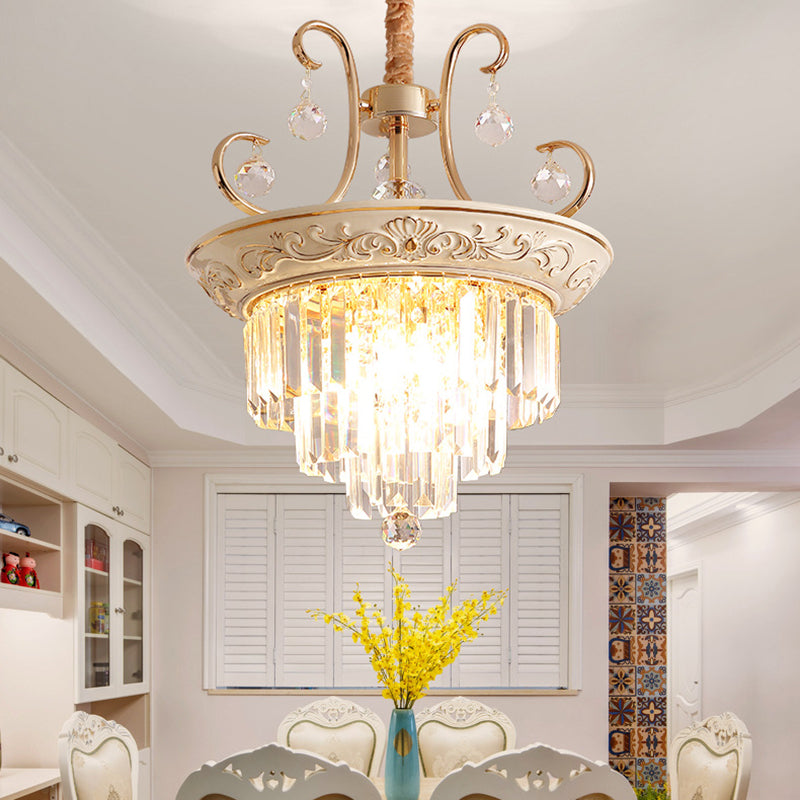 3 Bulbs Tiered Ceiling Chandelier Modernism Crystal Hanging Pendant Light in White/Green Clearhalo 'Ceiling Lights' 'Chandeliers' 'Glass shade' 'Glass' 'Pendant Lights' Lighting' 222905