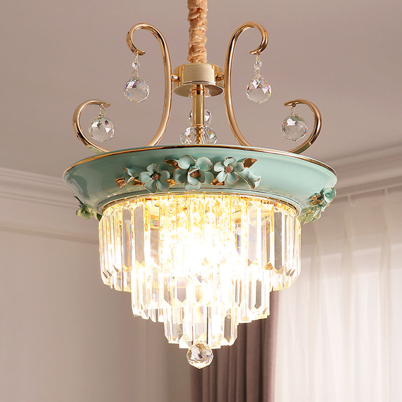3 Bulbs Tiered Ceiling Chandelier Modernism Crystal Hanging Pendant Light in White/Green Green B Clearhalo 'Ceiling Lights' 'Chandeliers' 'Glass shade' 'Glass' 'Pendant Lights' Lighting' 222907