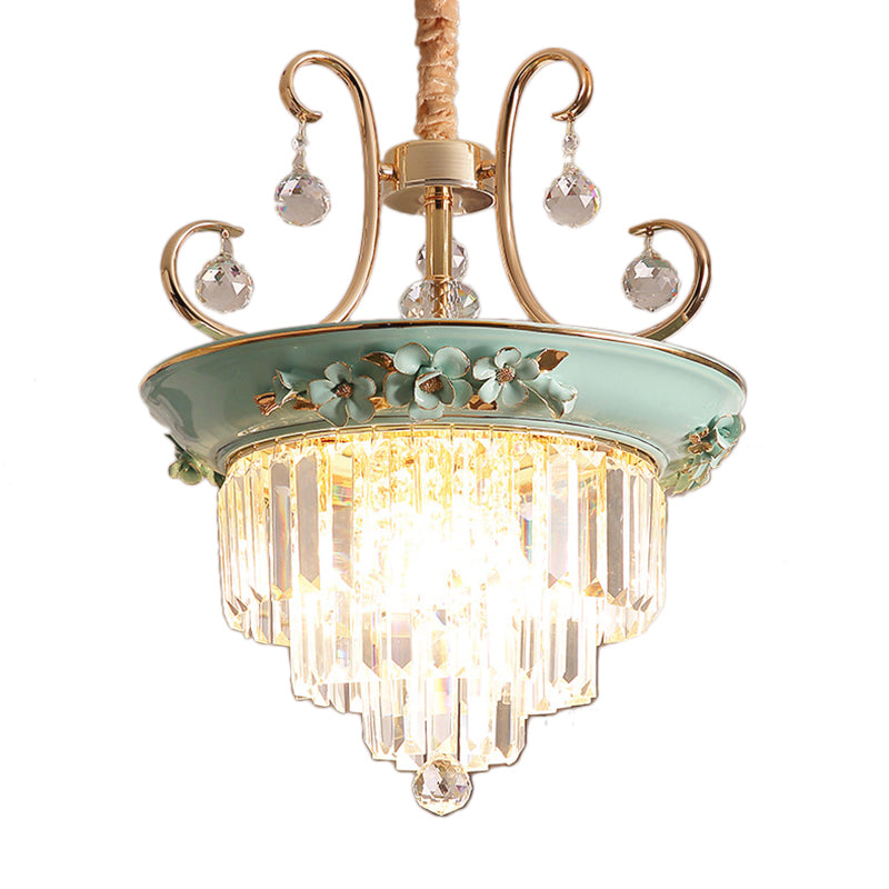 3 Bulbs Tiered Ceiling Chandelier Modernism Crystal Hanging Pendant Light in White/Green Clearhalo 'Ceiling Lights' 'Chandeliers' 'Glass shade' 'Glass' 'Pendant Lights' Lighting' 222909