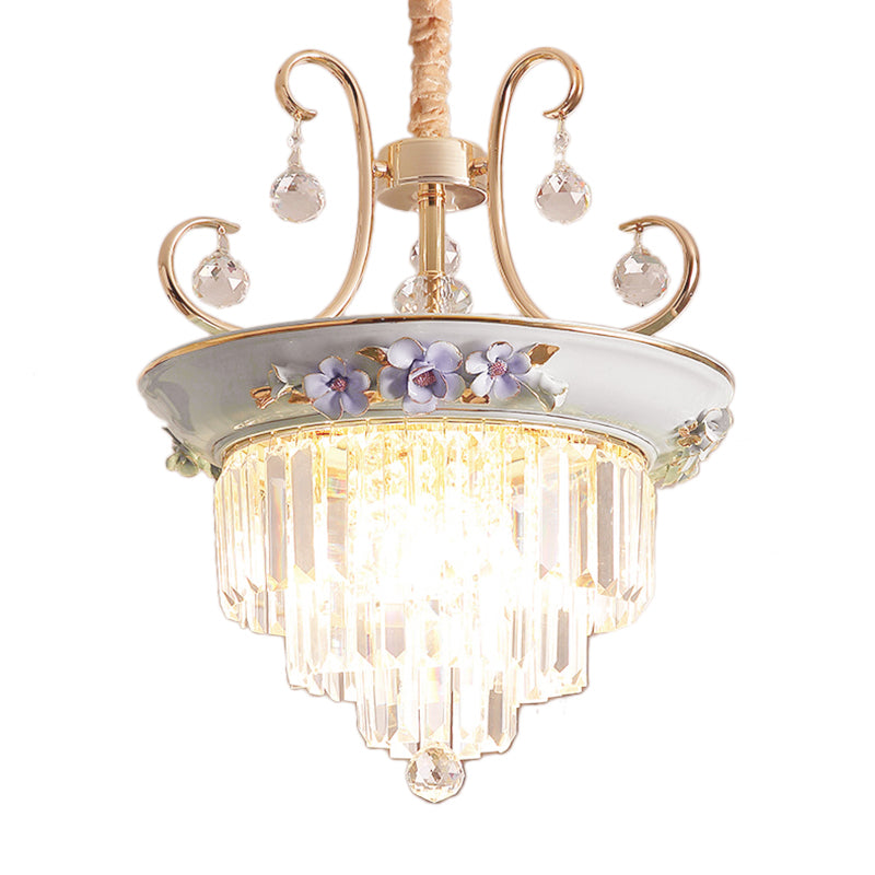 3 Bulbs Tiered Ceiling Chandelier Modernism Crystal Hanging Pendant Light in White/Green Clearhalo 'Ceiling Lights' 'Chandeliers' 'Glass shade' 'Glass' 'Pendant Lights' Lighting' 222912