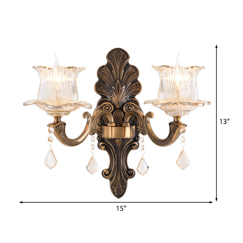 1/2-Light Living Room Wall Mount Lamp Vintage Style Brass Sconce Lighting with Petal Clear Textured Glass Shade Clearhalo 'Cast Iron' 'Glass' 'Industrial' 'Modern wall lights' 'Modern' 'Tiffany' 'Traditional wall lights' 'Wall Lamps & Sconces' 'Wall Lights' Lighting' 222916