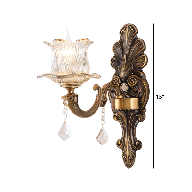 1/2-Light Living Room Wall Mount Lamp Vintage Style Brass Sconce Lighting with Petal Clear Textured Glass Shade Clearhalo 'Cast Iron' 'Glass' 'Industrial' 'Modern wall lights' 'Modern' 'Tiffany' 'Traditional wall lights' 'Wall Lamps & Sconces' 'Wall Lights' Lighting' 222920