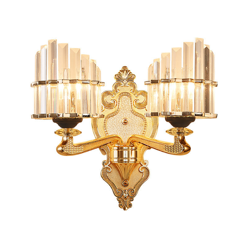 Clear Crystal Block Wall Light Modern Style 1/2-Light Sconce Lamp with Carved Backplate in Brass - Clearhalo - 'Modern wall lights' - 'Modern' - 'Wall Lamps & Sconces' - 'Wall Lights' - Lighting' - 222957