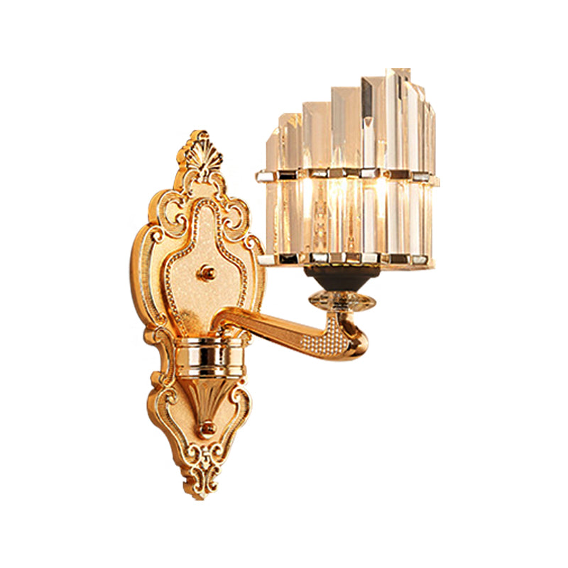 Clear Crystal Block Wall Light Modern Style 1/2-Light Sconce Lamp with Carved Backplate in Brass - Clearhalo - 'Modern wall lights' - 'Modern' - 'Wall Lamps & Sconces' - 'Wall Lights' - Lighting' - 222961