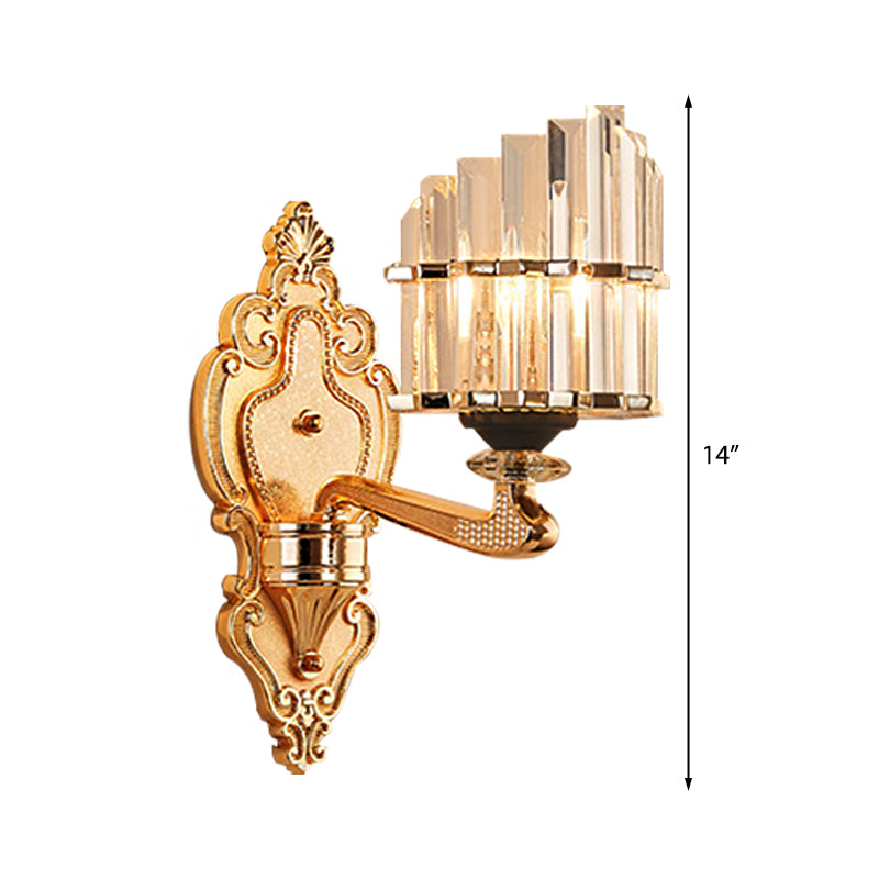 Clear Crystal Block Wall Light Modern Style 1/2-Light Sconce Lamp with Carved Backplate in Brass - Clearhalo - 'Modern wall lights' - 'Modern' - 'Wall Lamps & Sconces' - 'Wall Lights' - Lighting' - 222962