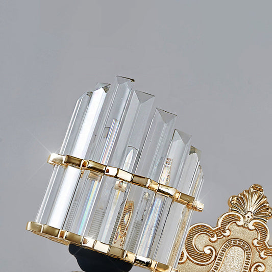 Clear Crystal Block Wall Light Modern Style 1/2-Light Sconce Lamp with Carved Backplate in Brass Clearhalo 'Modern wall lights' 'Modern' 'Wall Lamps & Sconces' 'Wall Lights' Lighting' 222963