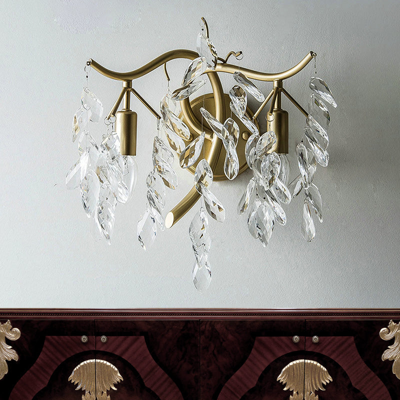Metal Branch Wall Lighting Modernist Style 2 Bulbs Brass Finish Wall Sconce Lamp with Clear Crystal Leaf Deco - Clearhalo - 'Modern wall lights' - 'Modern' - 'Wall Lamps & Sconces' - 'Wall Lights' - Lighting' - 222999