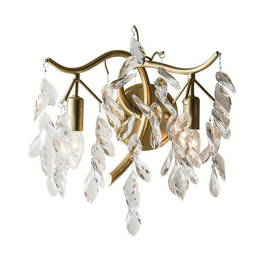 Metal Branch Wall Lighting Modernist Style 2 Bulbs Brass Finish Wall Sconce Lamp with Clear Crystal Leaf Deco Clearhalo 'Modern wall lights' 'Modern' 'Wall Lamps & Sconces' 'Wall Lights' Lighting' 223000