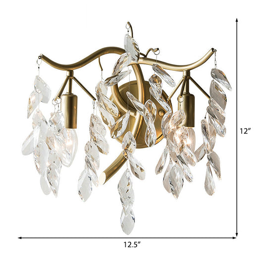 Metal Branch Wall Lighting Modernist Style 2 Bulbs Brass Finish Wall Sconce Lamp with Clear Crystal Leaf Deco Clearhalo 'Modern wall lights' 'Modern' 'Wall Lamps & Sconces' 'Wall Lights' Lighting' 223001