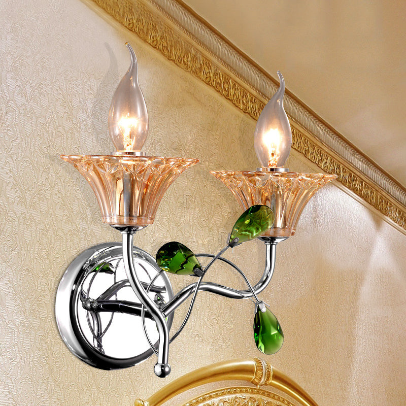 Bell Amber Glass Sconce Lamp Vintage Stylish 2 Lights Chrome Wall Light with Green Teardrop Crystal Deco - Chrome - Clearhalo - 'Modern wall lights' - 'Modern' - 'Wall Lamps & Sconces' - 'Wall Lights' - Lighting' - 223007