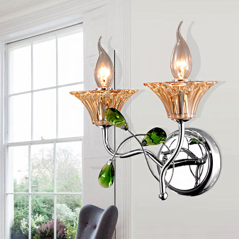 Bell Amber Glass Sconce Lamp Vintage Stylish 2 Lights Chrome Wall Light with Green Teardrop Crystal Deco Clearhalo 'Modern wall lights' 'Modern' 'Wall Lamps & Sconces' 'Wall Lights' Lighting' 223008