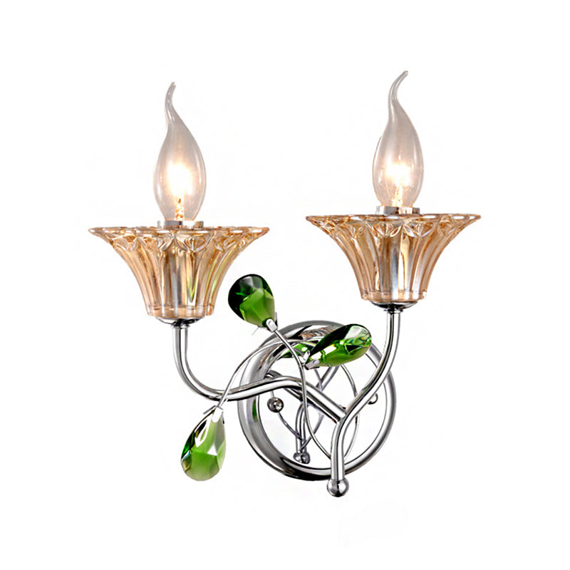 Bell Amber Glass Sconce Lamp Vintage Stylish 2 Lights Chrome Wall Light with Green Teardrop Crystal Deco - Clearhalo - 'Modern wall lights' - 'Modern' - 'Wall Lamps & Sconces' - 'Wall Lights' - Lighting' - 223009
