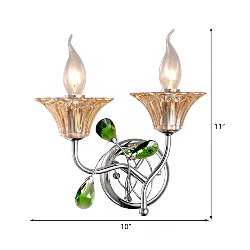 Bell Amber Glass Sconce Lamp Vintage Stylish 2 Lights Chrome Wall Light with Green Teardrop Crystal Deco - Clearhalo - 'Modern wall lights' - 'Modern' - 'Wall Lamps & Sconces' - 'Wall Lights' - Lighting' - 223010
