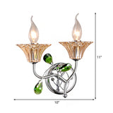 Bell Amber Glass Sconce Lamp Vintage Stylish 2 Lights Chrome Wall Light with Green Teardrop Crystal Deco - Clearhalo - 'Modern wall lights' - 'Modern' - 'Wall Lamps & Sconces' - 'Wall Lights' - Lighting' - 223010
