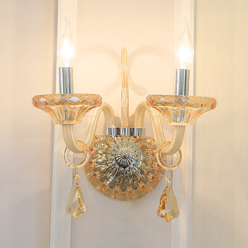Bare Bulb Wall Sconce Vintage Stylish Amber Crystal 2 Heads Chrome Finish Wall Lighting for Corridor - Chrome - Clearhalo - 'Modern wall lights' - 'Modern' - 'Wall Lamps & Sconces' - 'Wall Lights' - Lighting' - 223013