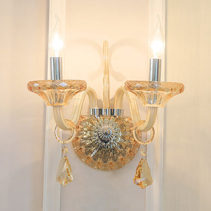 Bare Bulb Wall Sconce Vintage Stylish Amber Crystal 2 Heads Chrome Finish Wall Lighting for Corridor Chrome Clearhalo 'Modern wall lights' 'Modern' 'Wall Lamps & Sconces' 'Wall Lights' Lighting' 223013