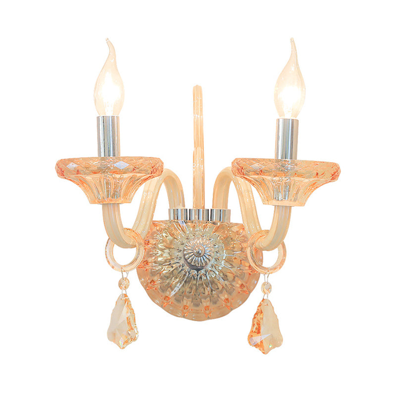 Bare Bulb Wall Sconce Vintage Stylish Amber Crystal 2 Heads Chrome Finish Wall Lighting for Corridor Clearhalo 'Modern wall lights' 'Modern' 'Wall Lamps & Sconces' 'Wall Lights' Lighting' 223015