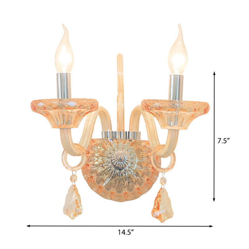 Bare Bulb Wall Sconce Vintage Stylish Amber Crystal 2 Heads Chrome Finish Wall Lighting for Corridor Clearhalo 'Modern wall lights' 'Modern' 'Wall Lamps & Sconces' 'Wall Lights' Lighting' 223016