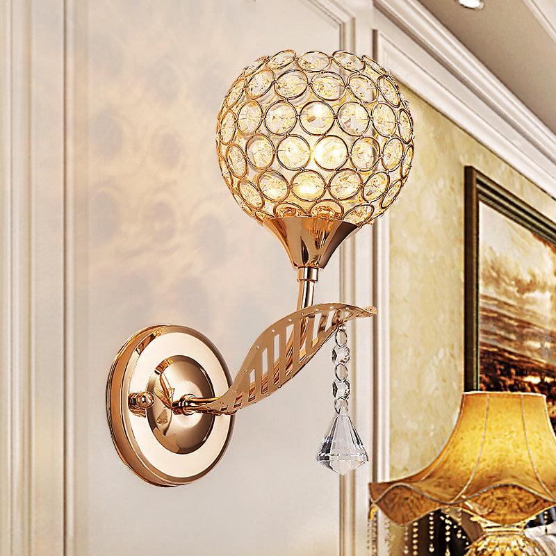 1 Bulb Corridor Wall Mount Lighting Vintage Style Gold Wall Lamp with Global Clear Crystal Shade Clearhalo 'Modern wall lights' 'Modern' 'Wall Lamps & Sconces' 'Wall Lights' Lighting' 223019