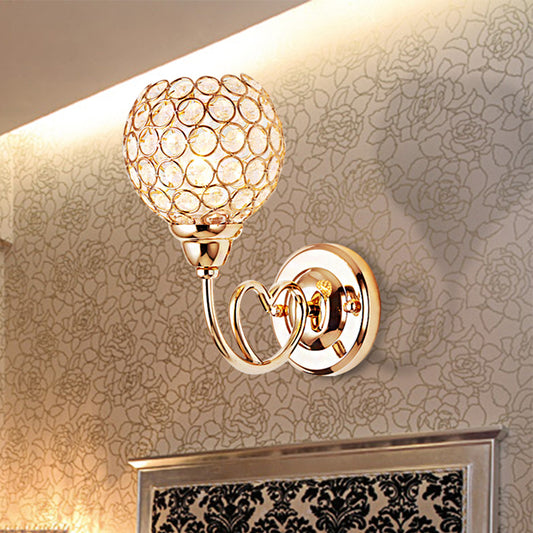 Globe Clear Crystal Sconce Light Fixture Modern 1 Head Gold Finish Wall Lamp with Metal Heart Shaped Arm Clearhalo 'Modern wall lights' 'Modern' 'Wall Lamps & Sconces' 'Wall Lights' Lighting' 223024
