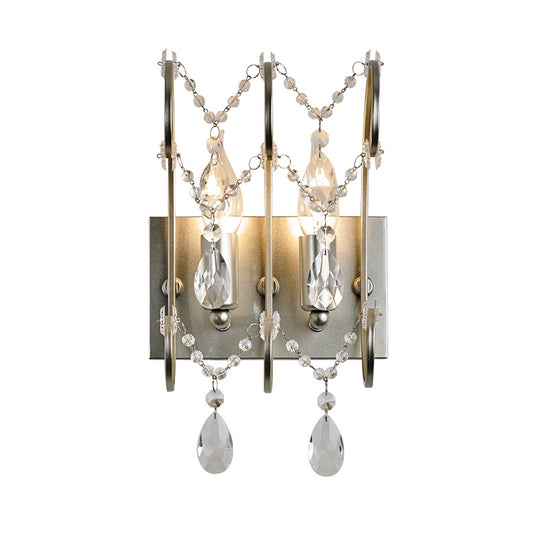 Exposed Sconce Lighting Vintage Metallic 2 Bulbs Chrome Wall Mount Light with Clear Crystal Bead Deco for Living Room Clearhalo 'Modern wall lights' 'Modern' 'Wall Lamps & Sconces' 'Wall Lights' Lighting' 223046