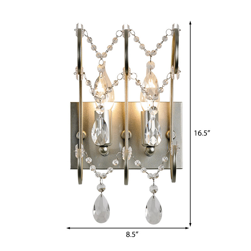 Exposed Sconce Lighting Vintage Metallic 2 Bulbs Chrome Wall Mount Light with Clear Crystal Bead Deco for Living Room Clearhalo 'Modern wall lights' 'Modern' 'Wall Lamps & Sconces' 'Wall Lights' Lighting' 223047