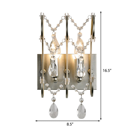 Exposed Sconce Lighting Vintage Metallic 2 Bulbs Chrome Wall Mount Light with Clear Crystal Bead Deco for Living Room Clearhalo 'Modern wall lights' 'Modern' 'Wall Lamps & Sconces' 'Wall Lights' Lighting' 223047