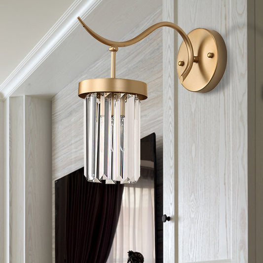 Curved Metal Wall Sconce Lamp Modernist 1 Head Brass Finish Wall Light Fixture with Clear Crystal Block Clearhalo 'Modern wall lights' 'Modern' 'Wall Lamps & Sconces' 'Wall Lights' Lighting' 223049