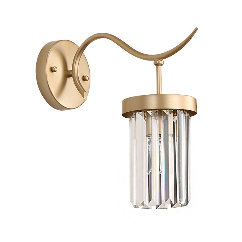 Curved Metal Wall Sconce Lamp Modernist 1 Head Brass Finish Wall Light Fixture with Clear Crystal Block