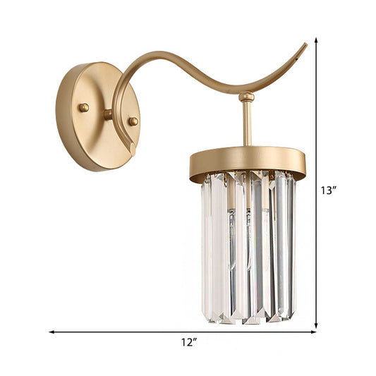 Curved Metal Wall Sconce Lamp Modernist 1 Head Brass Finish Wall Light Fixture with Clear Crystal Block Clearhalo 'Modern wall lights' 'Modern' 'Wall Lamps & Sconces' 'Wall Lights' Lighting' 223051