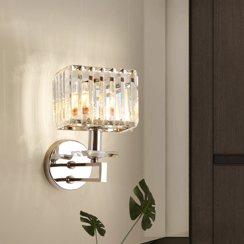 Cubic Wall Light Contemporary Metal 1 Light Chrome Finish Wall Sconce Fixture with Clear Crystal Block Chrome Clearhalo 'Modern wall lights' 'Modern' 'Wall Lamps & Sconces' 'Wall Lights' Lighting' 223052