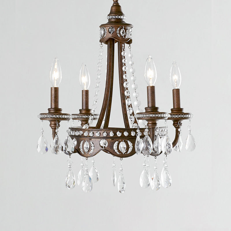 Metal Candle Chandelier Light Nordic 4 Lights Rust Hanging Light Fixture with Crystal Drop Clearhalo 'Cast Iron' 'Ceiling Lights' 'Chandeliers' 'Industrial Chandeliers' 'Industrial' 'Metal' 'Middle Century Chandeliers' 'Rustic Chandeliers' 'Tiffany' Lighting' 223110
