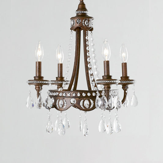 Metal Candle Chandelier Light Nordic 4 Lights Rust Hanging Light Fixture with Crystal Drop Clearhalo 'Cast Iron' 'Ceiling Lights' 'Chandeliers' 'Industrial Chandeliers' 'Industrial' 'Metal' 'Middle Century Chandeliers' 'Rustic Chandeliers' 'Tiffany' Lighting' 223110