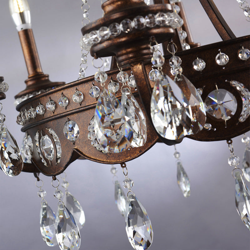 Metal Candle Chandelier Light Nordic 4 Lights Rust Hanging Light Fixture with Crystal Drop Clearhalo 'Cast Iron' 'Ceiling Lights' 'Chandeliers' 'Industrial Chandeliers' 'Industrial' 'Metal' 'Middle Century Chandeliers' 'Rustic Chandeliers' 'Tiffany' Lighting' 223113