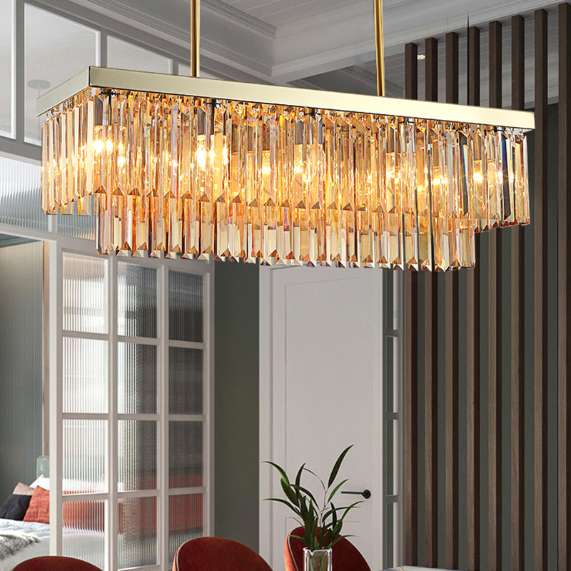 Rectangle Hanging Lamp Kit Contemporary Clear/Amber Crystal Block 8 Lights Dining Room Island Lamp, 31.5"/39" W Amber 39" Clearhalo 'Ceiling Lights' 'Island Lights' Lighting' 223125